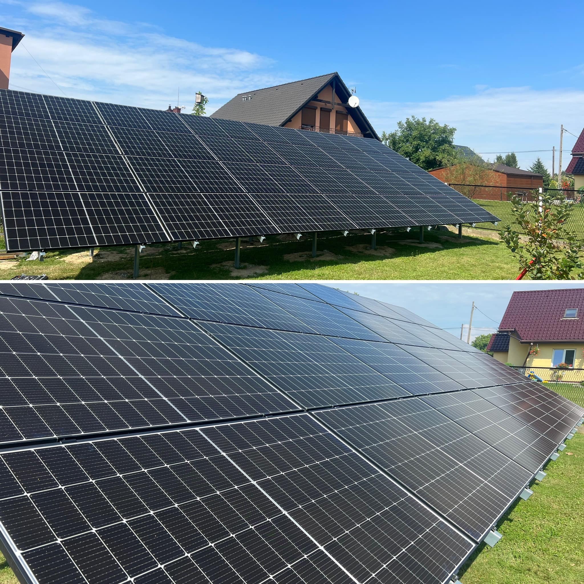 Panele fotowoltaiczne zamontowane na gruncie, widoczne z dwóch różnych perspektyw, z domami w tle i błękitnym niebem.