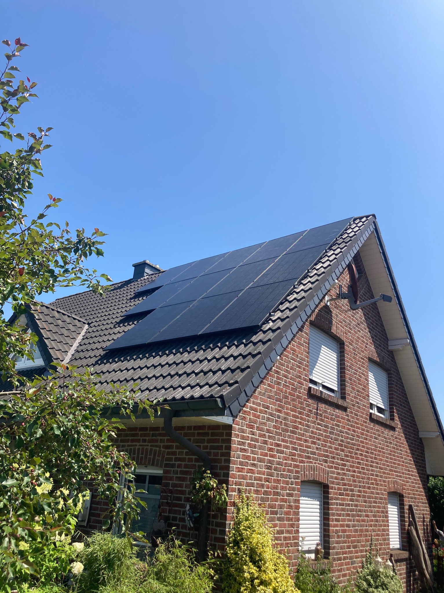 Czerwony ceglany dom z ciemnoszarym dachem pokrytym panelami słonecznymi, widok z dołu w słoneczny dzień, częściowo przysłonięty gałęziami drzew