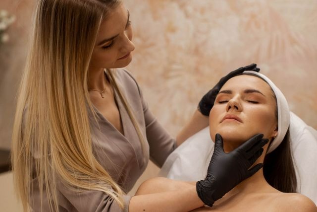 Kobieta z zamkniętymi oczami leżąca na kozetce podczas zabiegu na twarz wykonywanego przez kosmetyczkę w czarnych rękawiczkach.