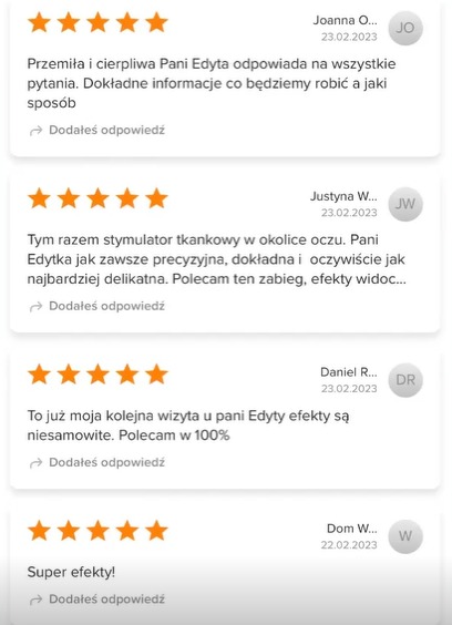 Zrzut ekranu z pozytywnymi opiniami klientów, w formie tekstowej, z pięcioma gwiazdkami przy każdej recenzji, wspominających imię Edyta oraz efekty zabiegów.