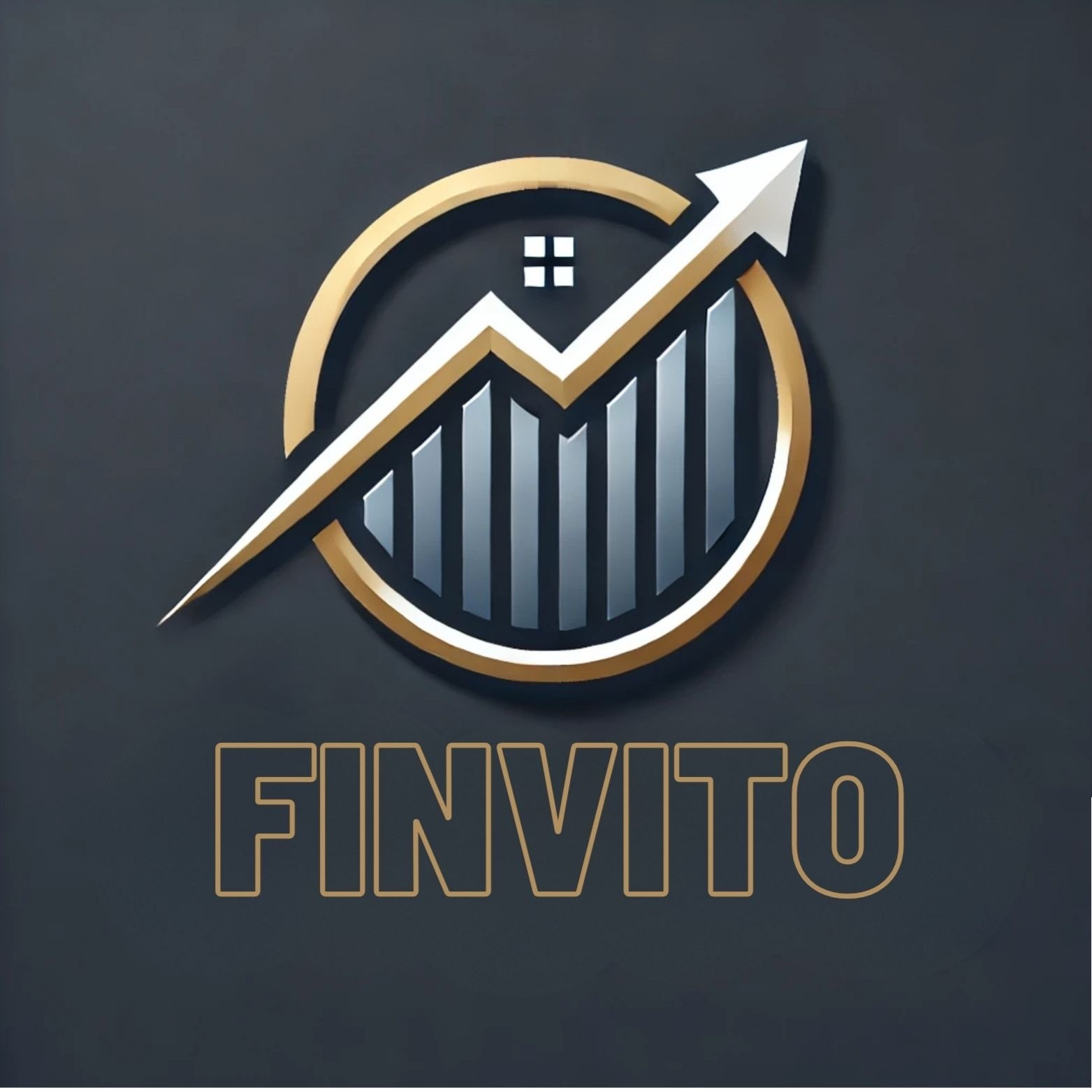 Graficzne logo firmy Finvito z symbolem wzrostu finansowego w formie strzałki i wykresu słupkowego, otoczone złotą obwódką na ciemnoszarym tle.