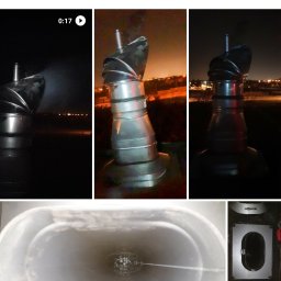 A.D.KASTA - Zdjęcie przedstawia komin wentylacyjny z metalu na tle nocnego krajobrazu Ostrołęki, uchwycony z różnych perspektyw, w tym widok z wnętrza komina.