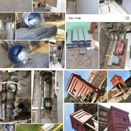 A.D.KASTA - Zestaw zdjęć przedstawiających instalację i elementy systemu odprowadzania spalin, w tym rury, komin na dachu, oraz wnętrze pomieszczenia z piecem.