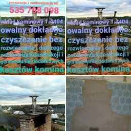 A.D.KASTA - Cztery ujęcia: reklama firmy Dekasta z numerem telefonu i ofertą wkładów kominowych, komin na dachu z metalową siatką ochronną, oraz wnętrze kominka z resztkami płytek na ścianie.