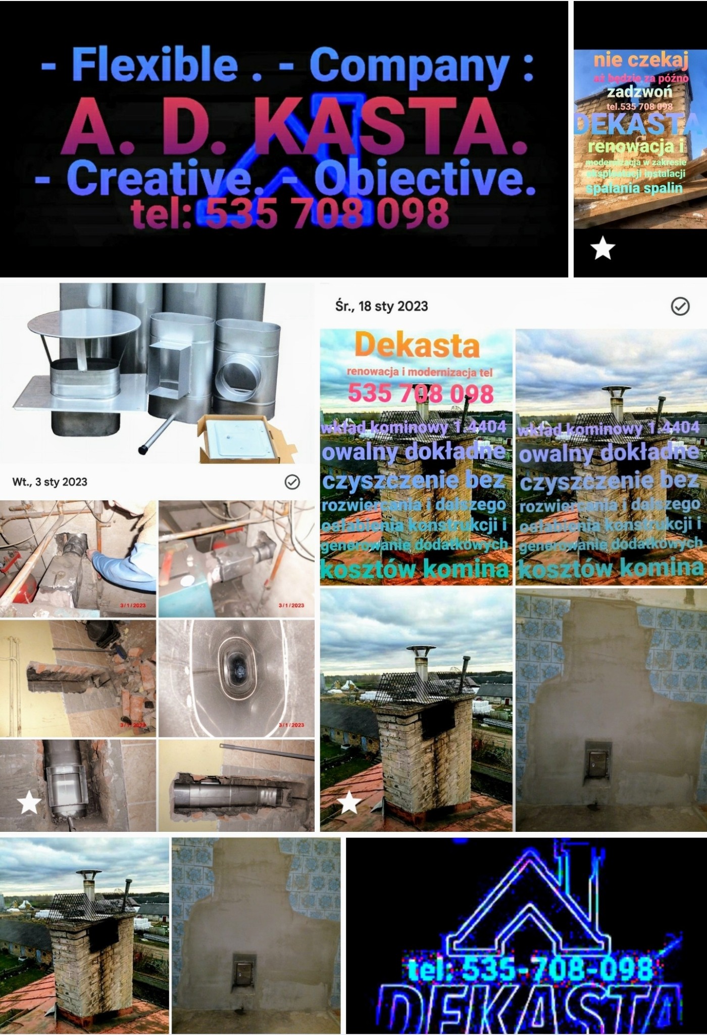 Zestaw elementów instalacji odprowadzania spalin, reklama firmy remontującej i modernizującej systemy kominowe, oraz zdjęcia kominów przed i po renowacji, w tym widok wnętrza komina i uszkodzeń...