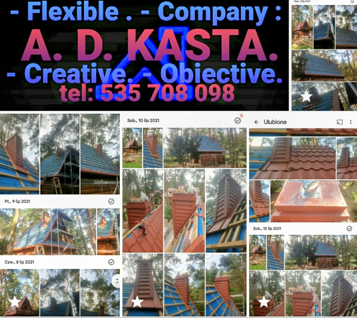 Zrzut ekranu galerii zdjęć z budowy domu z drewnianych bali z kominem w trakcie montażu pokrycia dachowego z blachodachówki w kolorze ceglastym, widoczne rusztowania i folia izolacyjna, w tle...