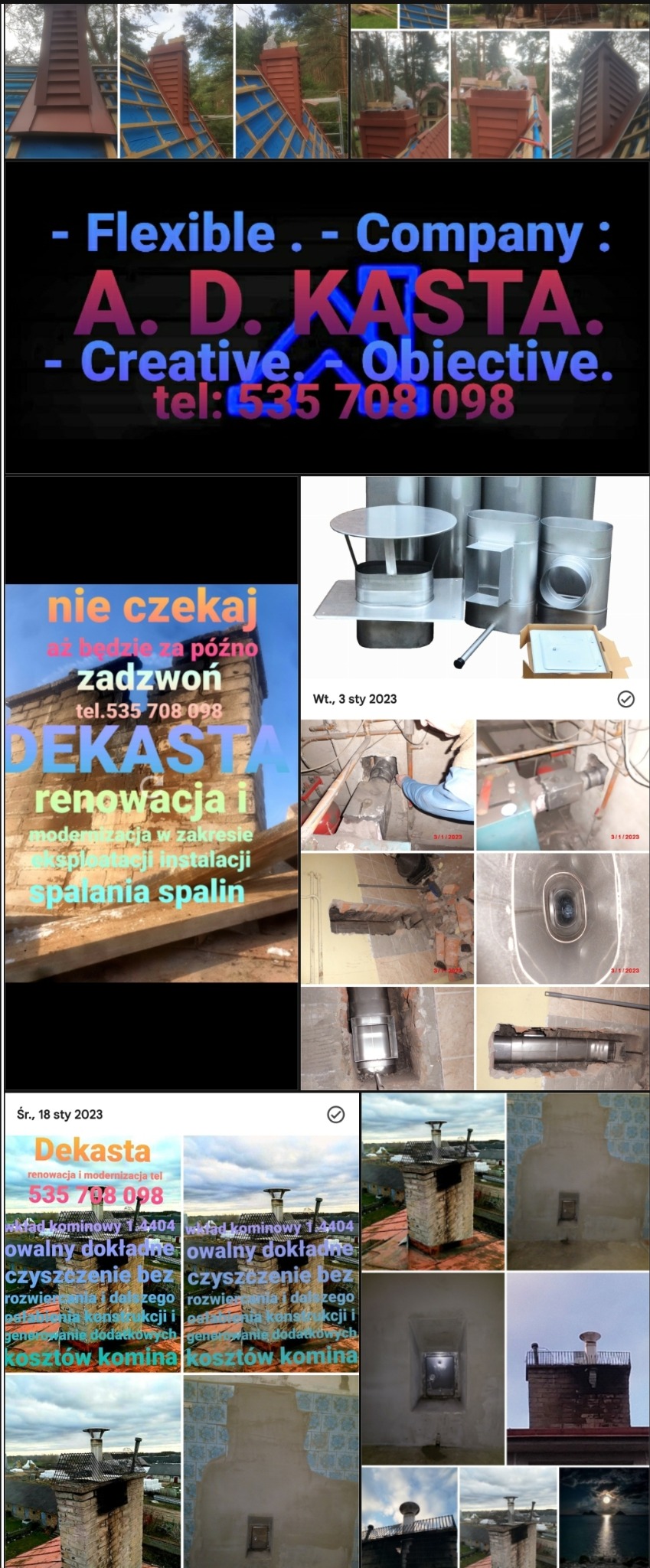 Zestaw zdjęć prezentujących usługi firmy Dekasta: montaż nowego komina z brązowych elementów na dachu w trakcie budowy, wizualizacja oferty firmy z numerem telefonu, elementy instalacji kominowej...
