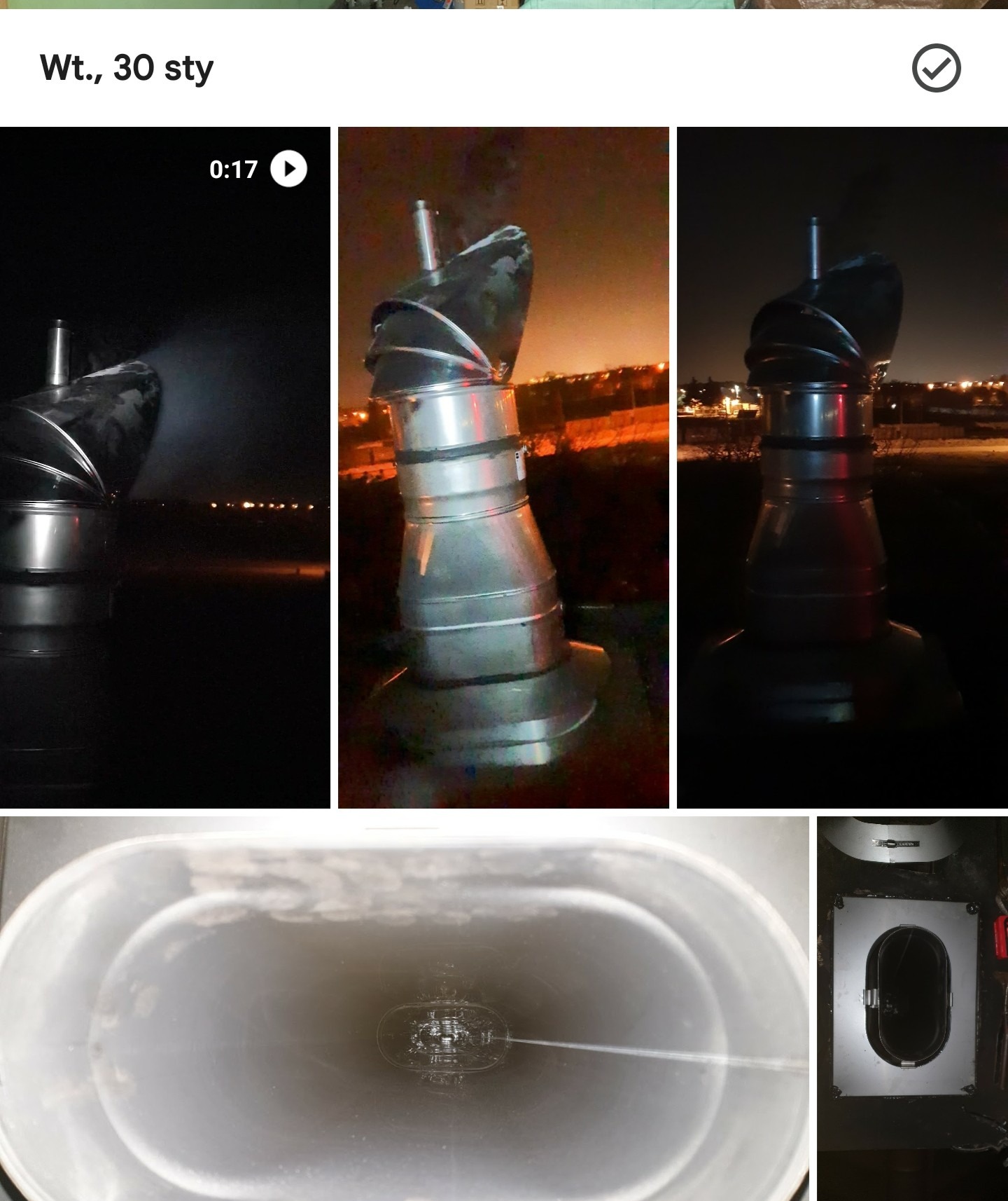 Zdjęcie przedstawia komin wentylacyjny z metalu na tle nocnego krajobrazu Ostrołęki, uchwycony z różnych perspektyw, w tym widok z wnętrza komina.