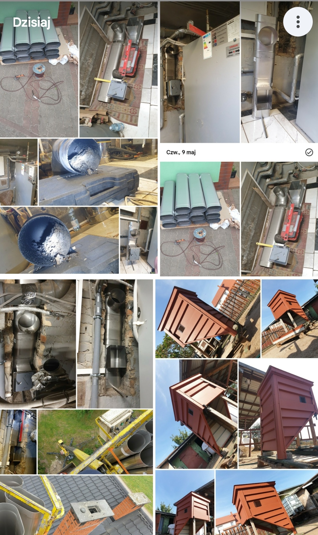 Zestaw zdjęć przedstawiających instalację i elementy systemu odprowadzania spalin, w tym rury, komin na dachu, oraz wnętrze pomieszczenia z piecem.