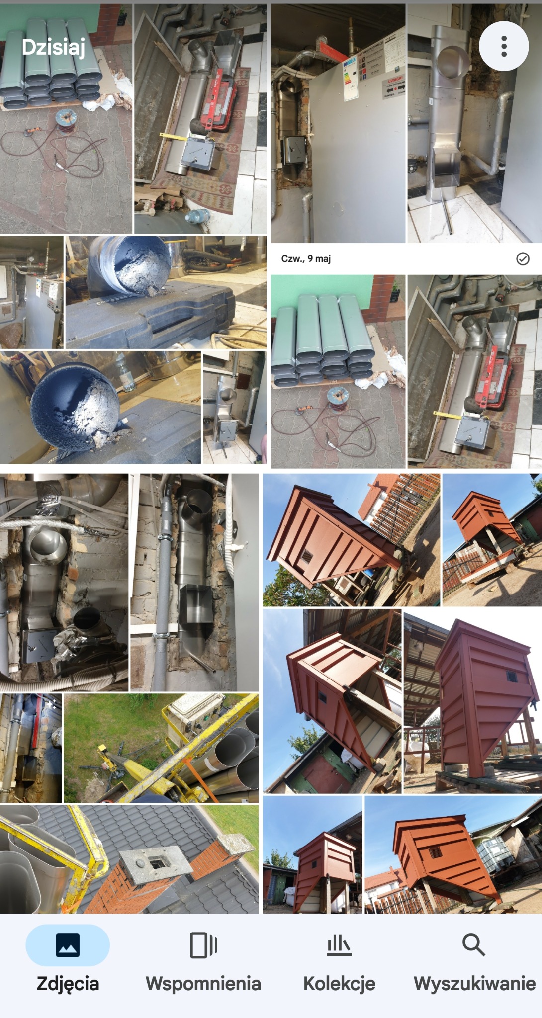 Montaż systemu odprowadzania spalin: rury stalowe, elementy kotła grzewczego, narzędzia i akcesoria instalacyjne na różnych etapach prac. Widoczne detale połączeń, mocowań oraz czyszczenie komina.