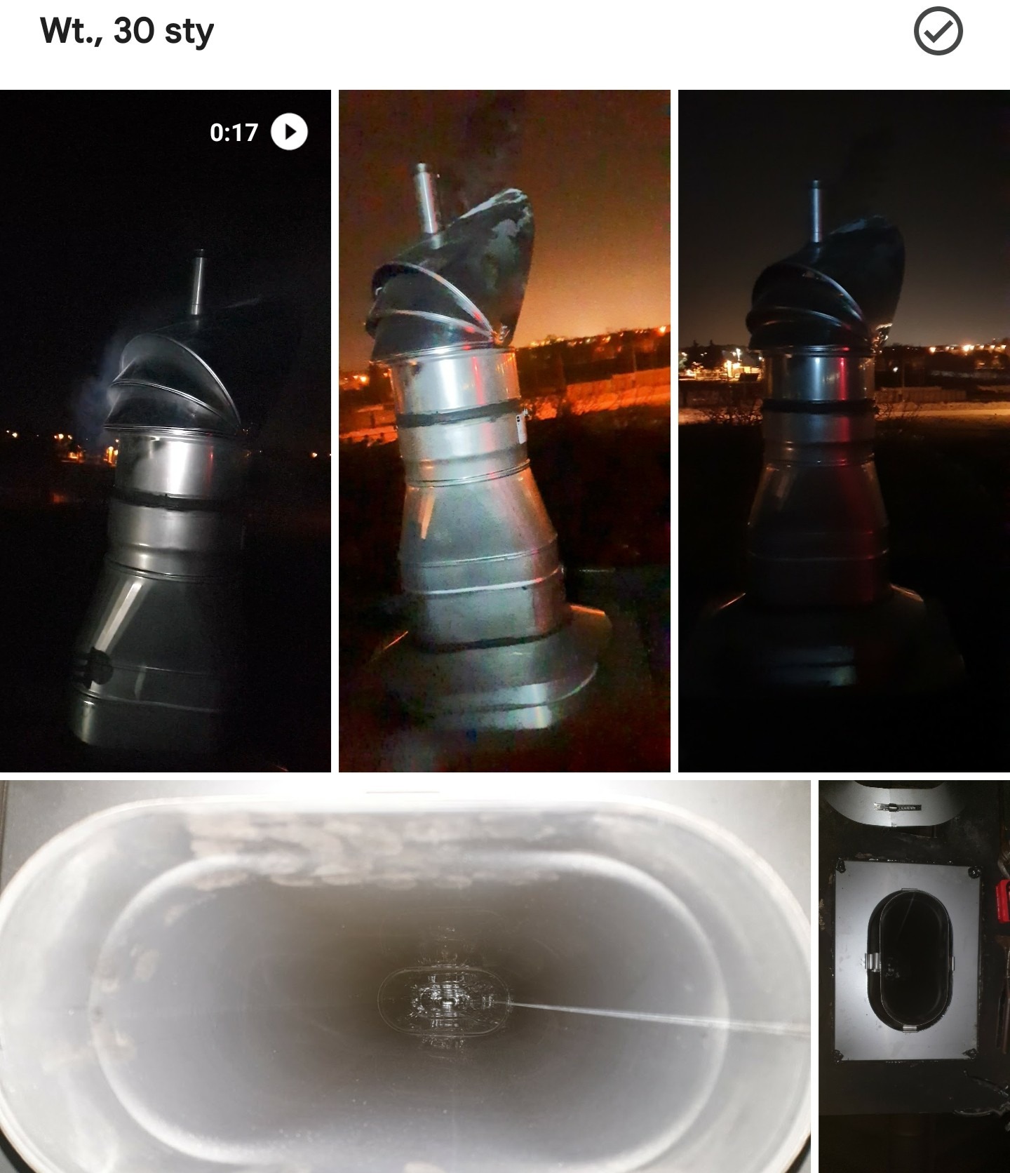 Zdjęcia przedstawiają obrotową nasadę kominową typu turbowent na kominie w różnych ujęciach, w tym widok z wnętrza przewodu kominowego.