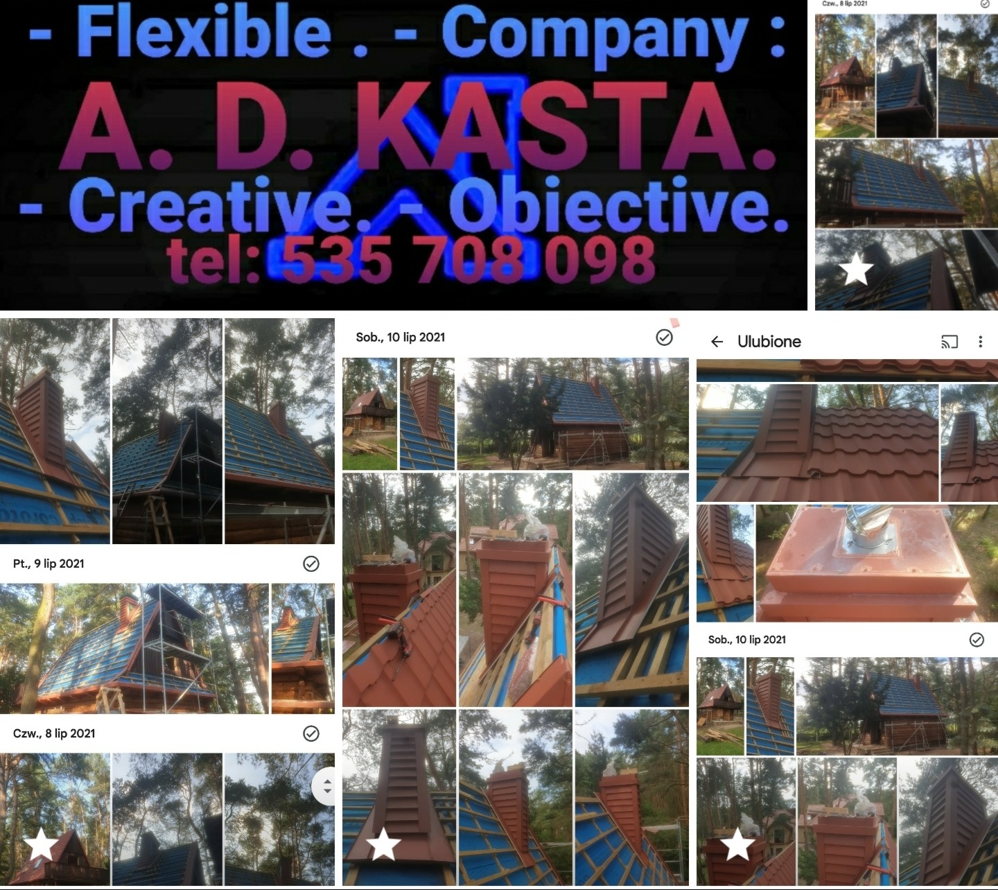Montaż systemu odprowadzania spalin z brązowego metalu na dachu drewnianego domu w lesie, widoczne rusztowania i konstrukcja dachu w trakcie prac.