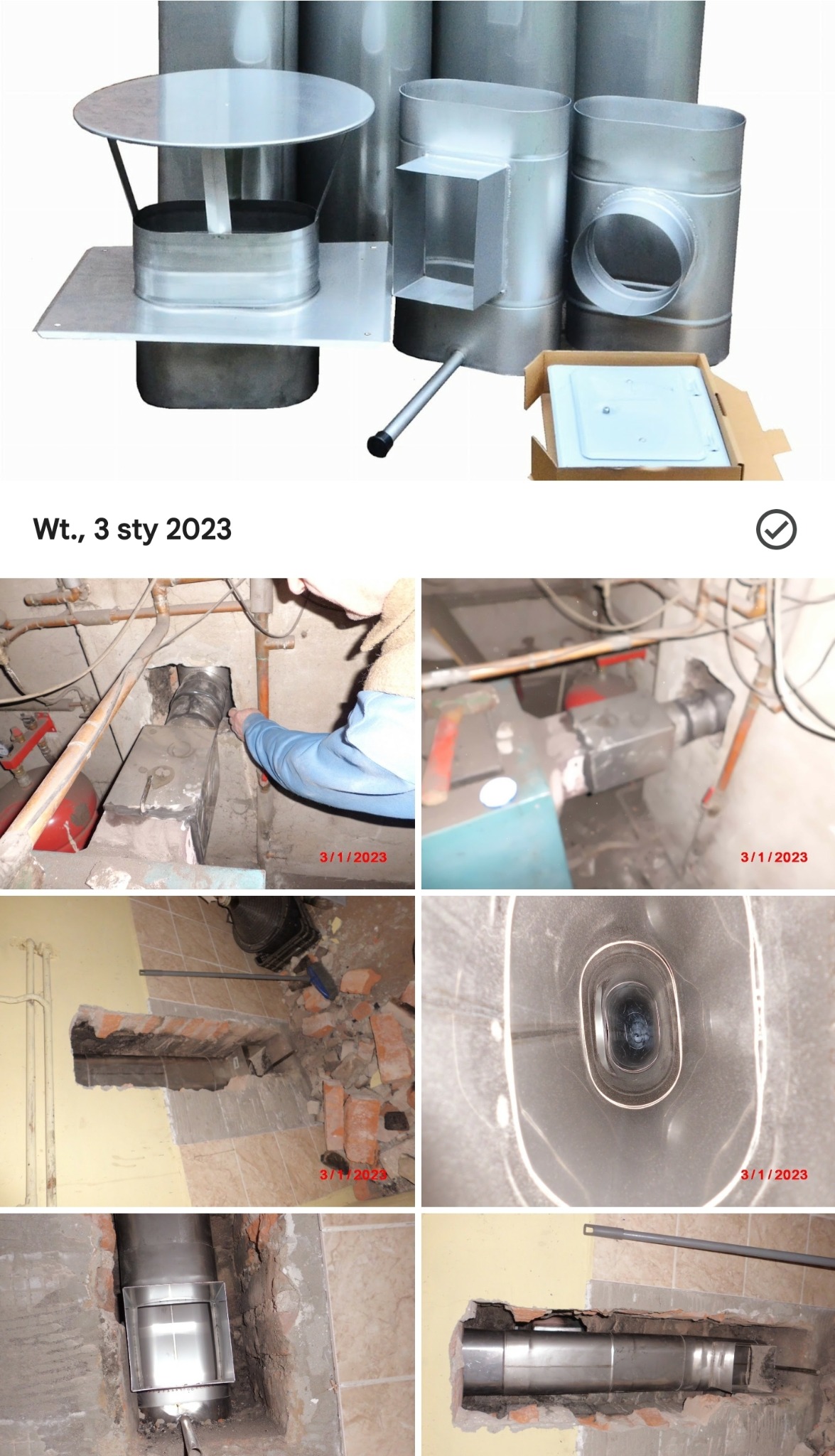 Zestaw elementów stalowych do instalacji odprowadzania spalin oraz fragmenty montażu rur spalinowych w ścianie i podłączenia do pieca.