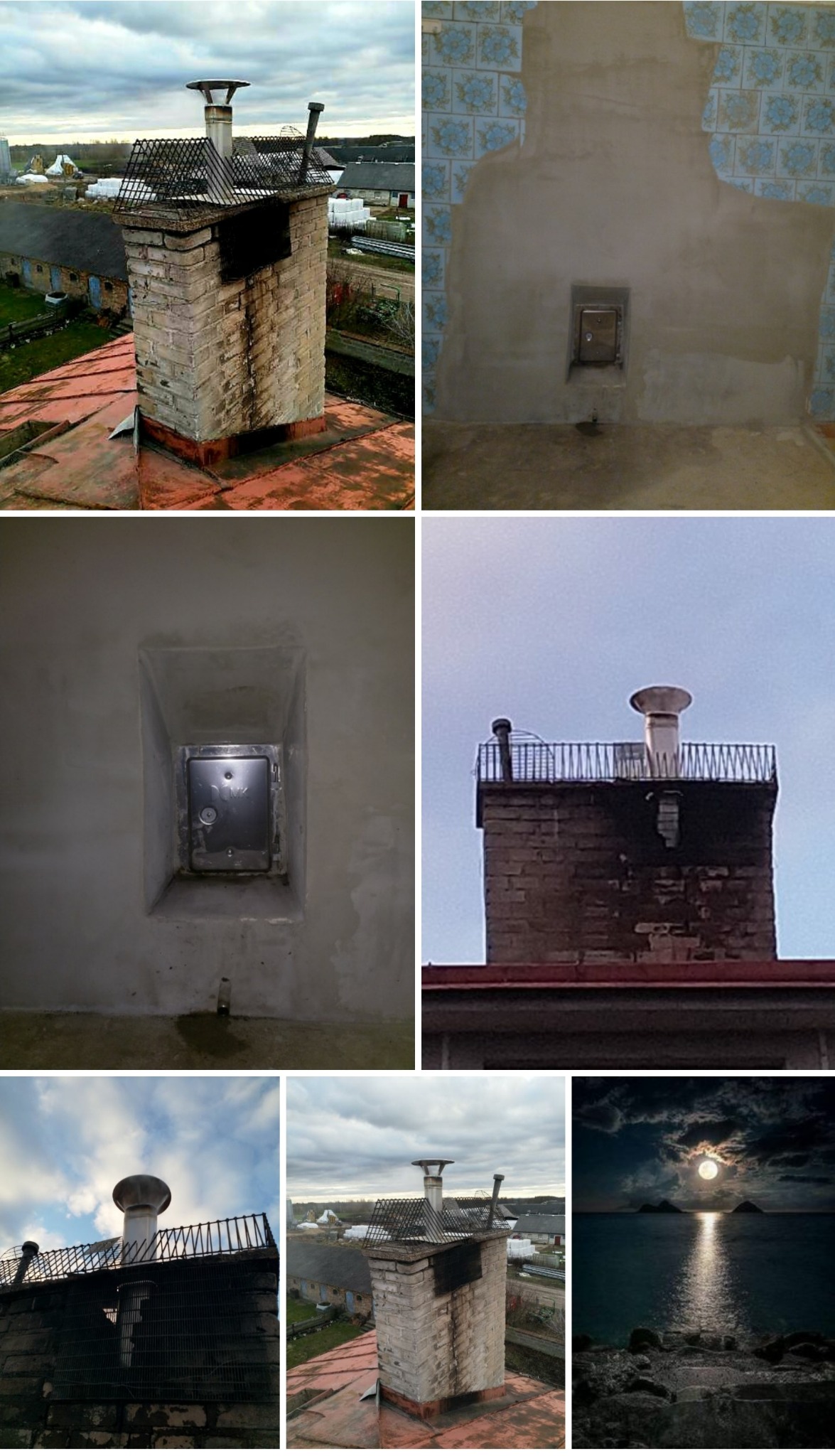 Zestawienie zdjęć przedstawiających komin z cegły z różnymi detalami: z zewnątrz na dachu, wnętrze komina z drzwiczkami rewizyjnymi, oraz komin z metalową siatką ochronną.