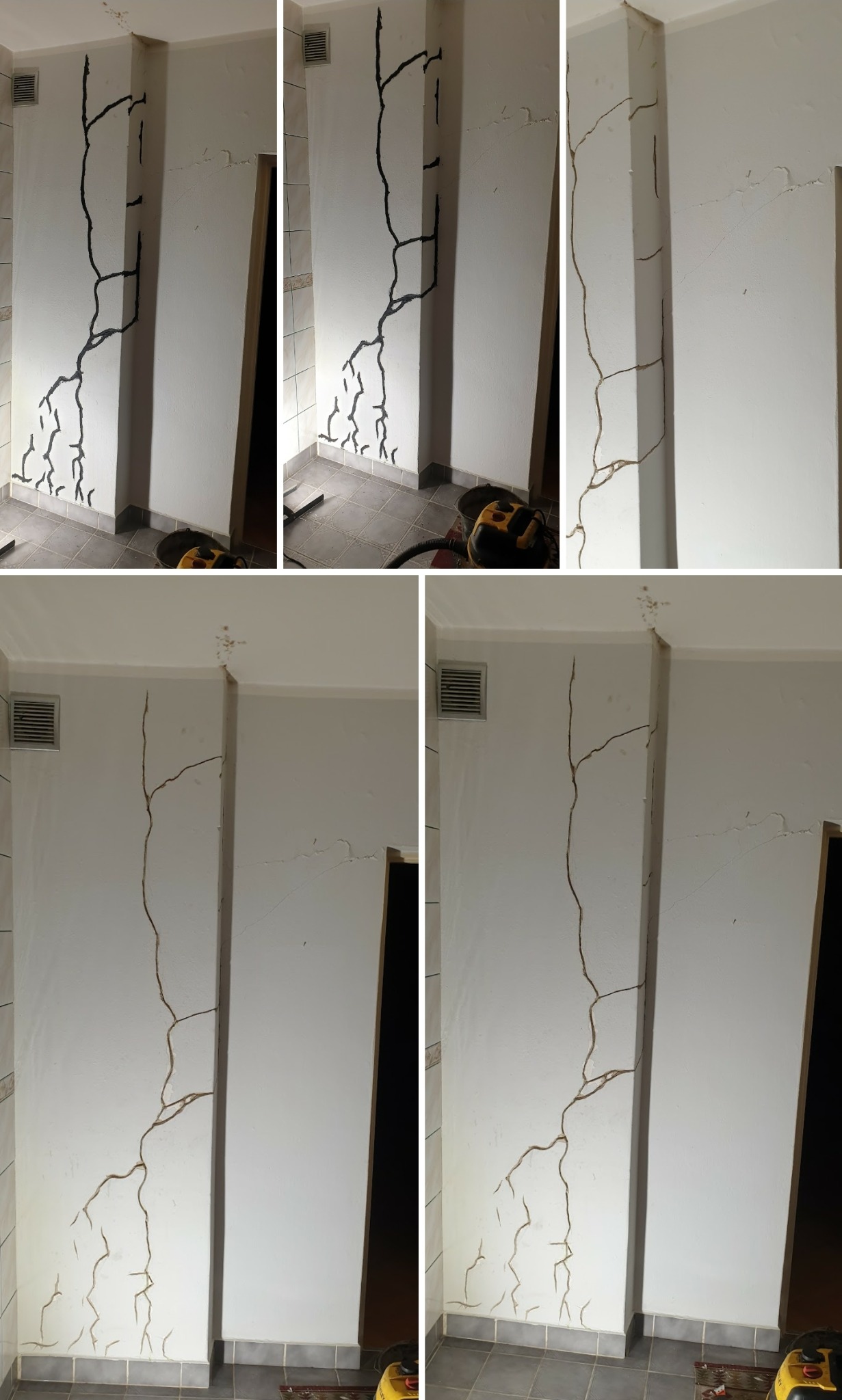 Ściana po naprawie pęknięć, widoczne wypełnione rysy w dwóch wariantach kolorystycznych: świeżo wypełnione czarną masą i starsze, w kolorze szaro-brązowym, w tle widoczny odkurzacz przemysłowy.