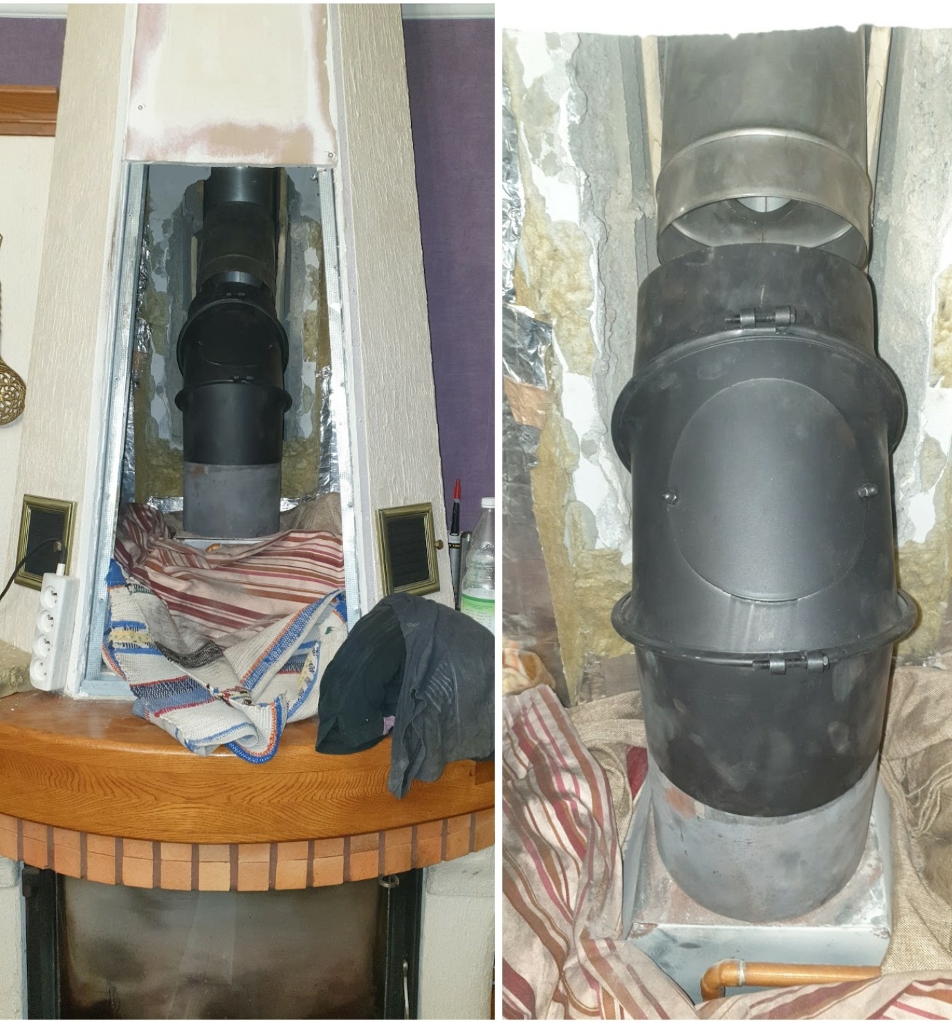 Montaż czarnego wkładu kominowego w obudowie z drewnianym blatem, widoczne elementy izolacji i przewody