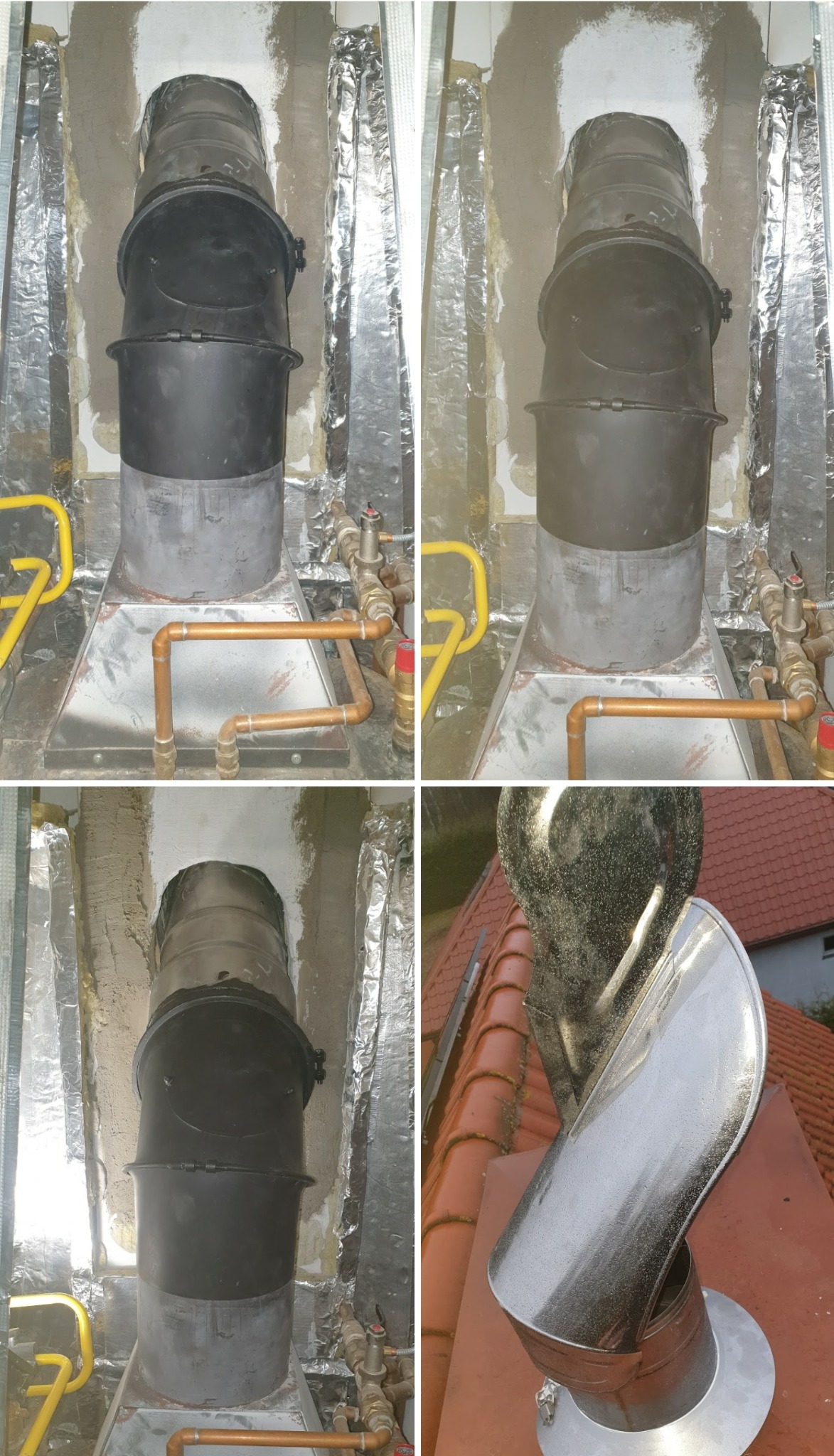 Czteropanelowe ujęcie instalacji odprowadzającej spaliny: trzy kadry przedstawiają czarny przewód kominowy wewnątrz budynku z izolacją aluminiową, czwarty kadr ukazuje metalowe zakończenie komina...