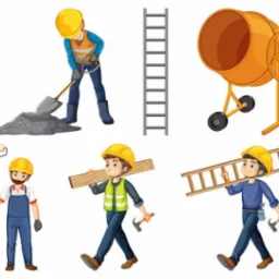 Rysunkowa kompozycja z pracownikami budowlanymi i narzędziami w Białej Podlaskiej: betoniarka, drabiny, wałek i łopata. Ilustracja ogólna.