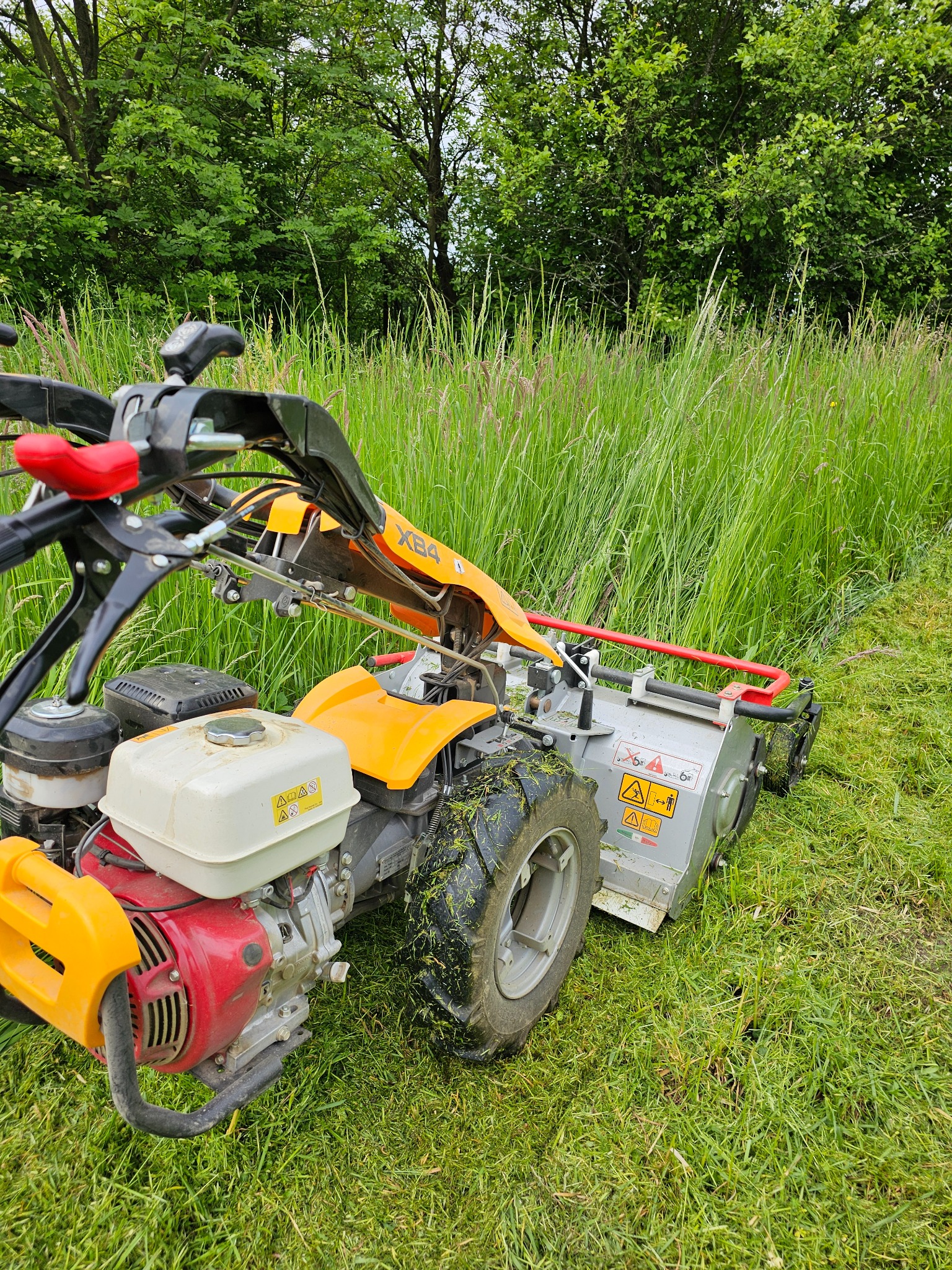 Żółto-czerwona kosiarka rotacyjna X84 w trakcie pracy na łące z wysoką trawą, widoczny świeżo skoszony pas trawy.