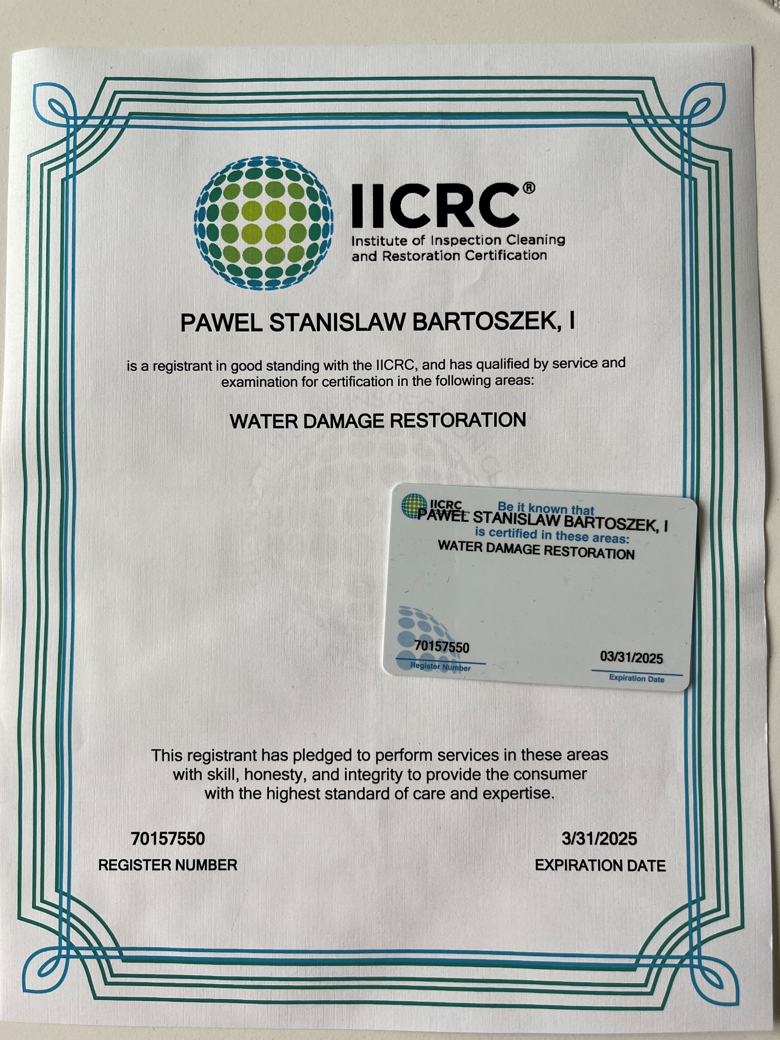 Międzynarodowy certyfikat technika osuszania IICRC