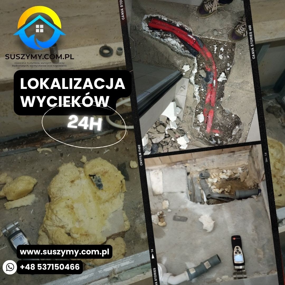 Lokalizacja wycieków w Budach Michałowskich: odkryte rury w ścianie, pomiar wilgotności w trakcie osuszania, pianka izolacyjna i logo firmy w kolażu.