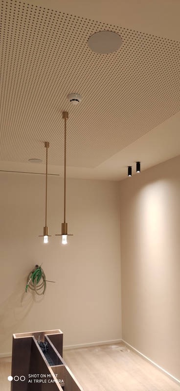 Wnętrze z perforowanym sufitem podwieszanym, dwoma długimi, złotymi lampami wiszącymi, czujnikiem dymu, okrągłym głośnikiem sufitowym i dwoma czarnymi reflektorami punktowymi. Na ścianie zwisają...