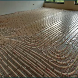 Rozłożona instalacja ogrzewania podłogowego na folii z czerwoną siatką, widoczne rury w kształcie meandrów, jasne wnętrze z oknami w tle.