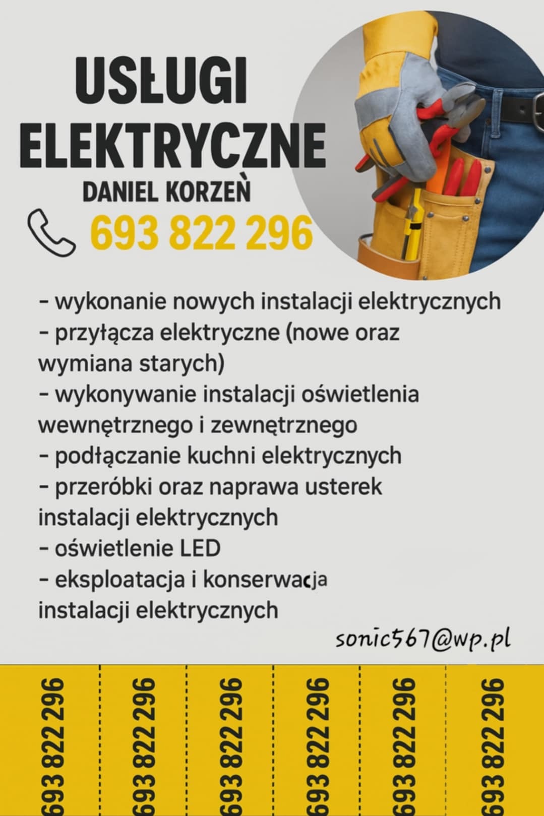 Grafika z ofertą usług elektrycznych: nazwa firmy, zakres prac (instalacje, oświetlenie LED), numer telefonu i adres e-mail na jasnym tle. Dłoń w rękawicy z narzędziami.