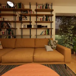 Jasnobrązowa narożna sofa z poduszkami w salonie z drewnianymi półkami pełnymi książek, roślinami doniczkowymi i parkietem w jodełkę.