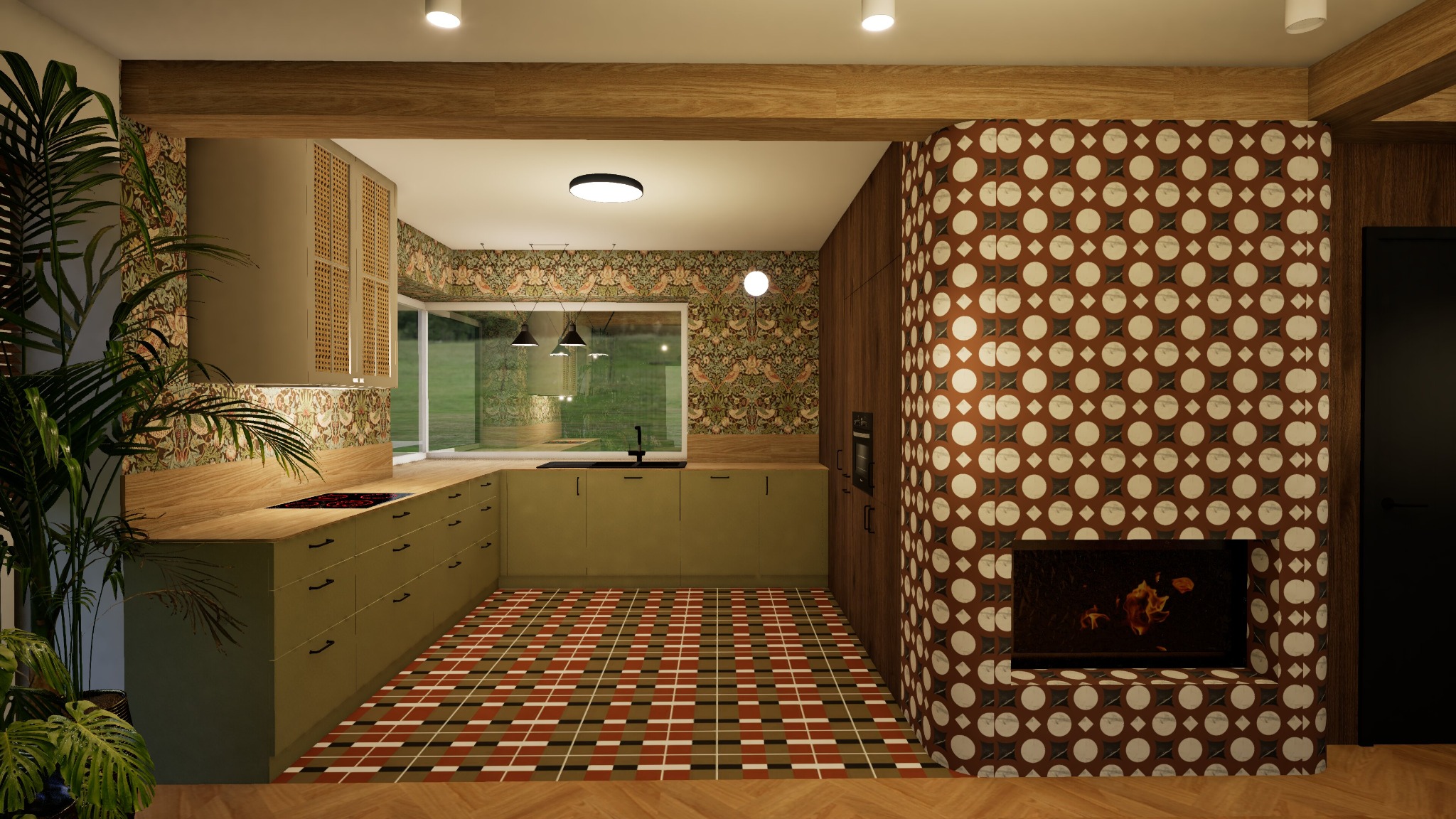 Retro kuchnia z oliwkowymi szafkami, wzorzystą tapetą i kominkiem obłożonym brązową mozaiką w okręgi i romby, widok na ogród przez okno.