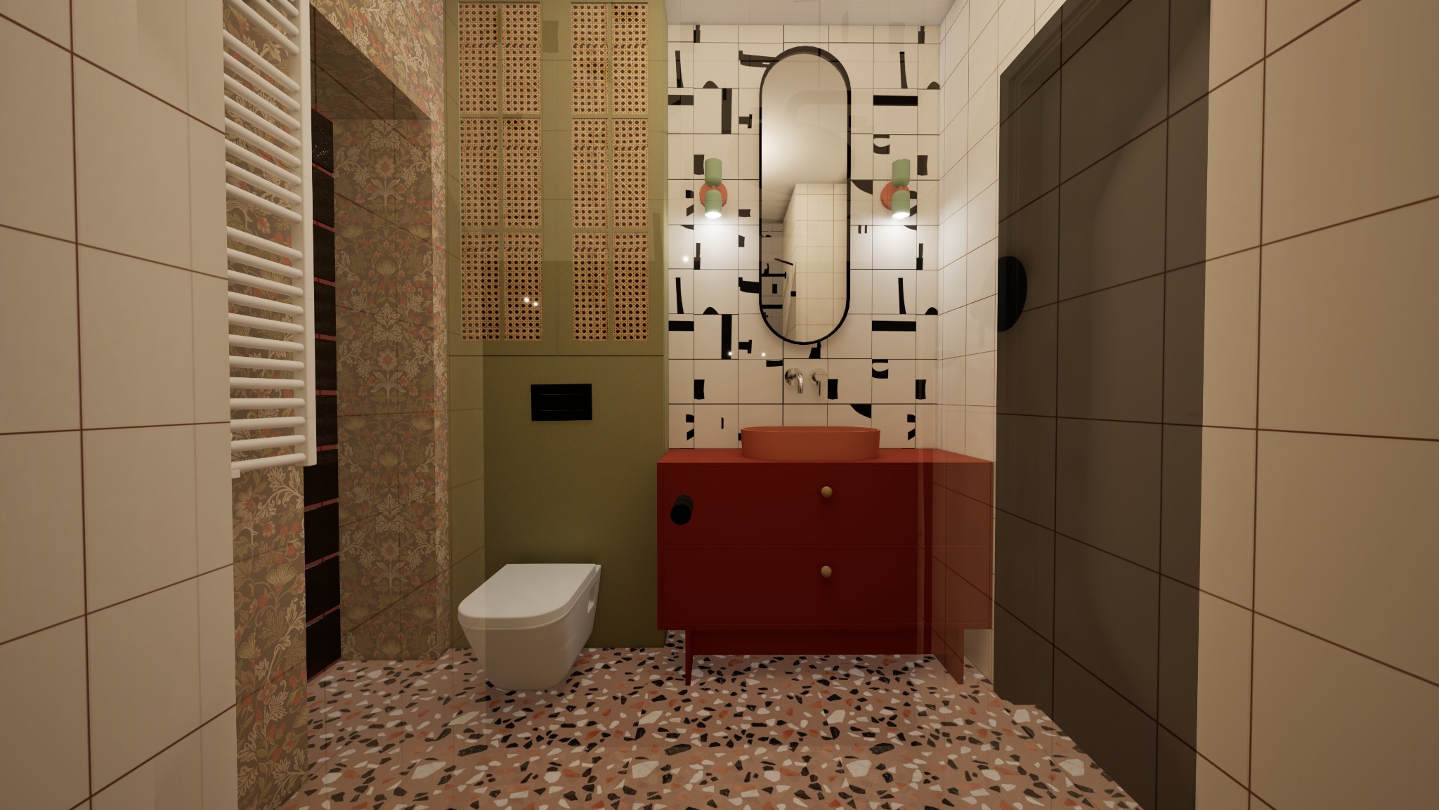 Nowoczesna łazienka z umywalką w kolorze terakoty, geometrycznymi wzorami na ścianach, rattanowym panelem i wzorzystą podłogą z terazzo.
