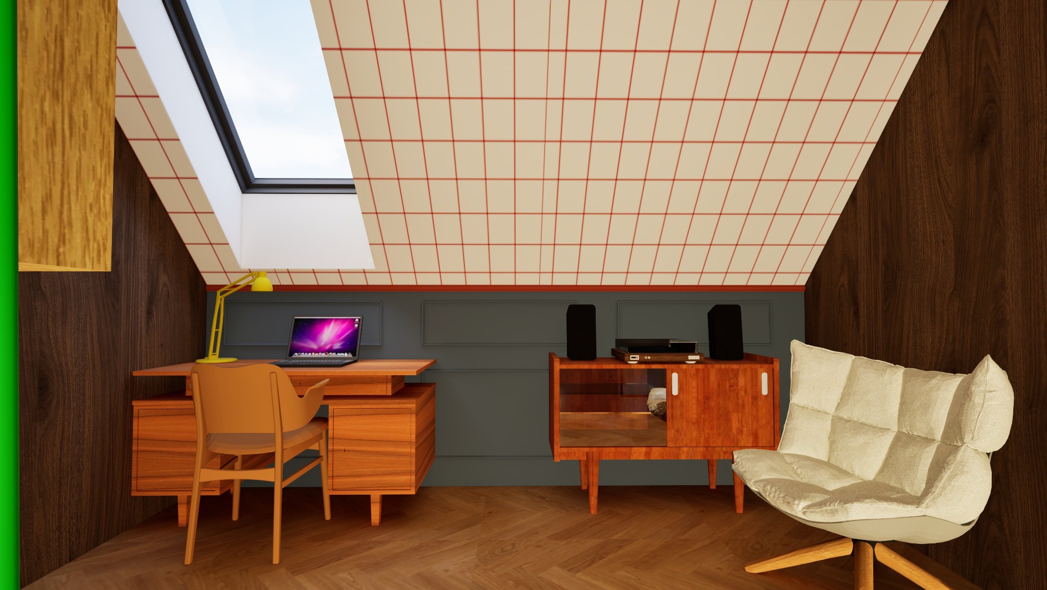 Pokój na poddaszu z drewnianym biurkiem, krzesłem, lampką, laptopem, szafką RTV z głośnikami i wygodnym fotelem, oświetlony przez okno dachowe