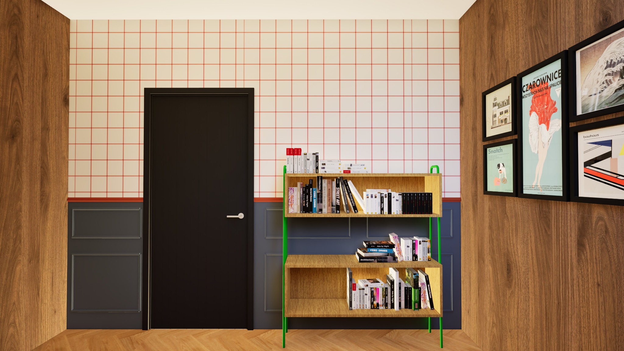 Wnętrze pokoju z drewnianą boazerią, ścianą z płytek w czerwoną kratę, czarnymi drzwiami i regałem z książkami na zielonych nóżkach. Na ścianie wiszą oprawione plakaty.