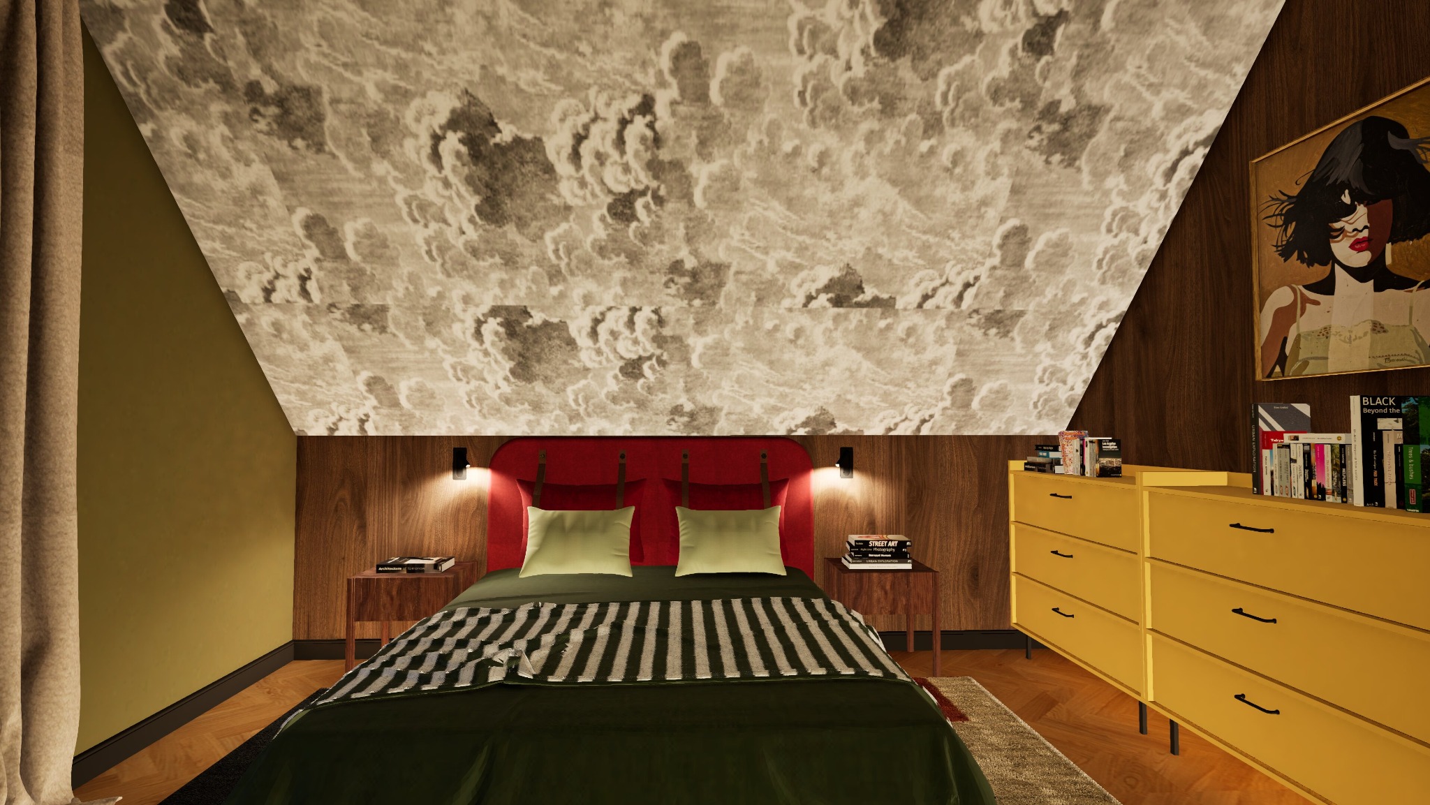 Sypialnia na poddaszu z tapetą imitującą chmury na skośnym suficie, czerwonym wezgłowiem łóżka, żółtą komodą i obrazem w stylu pop-art.