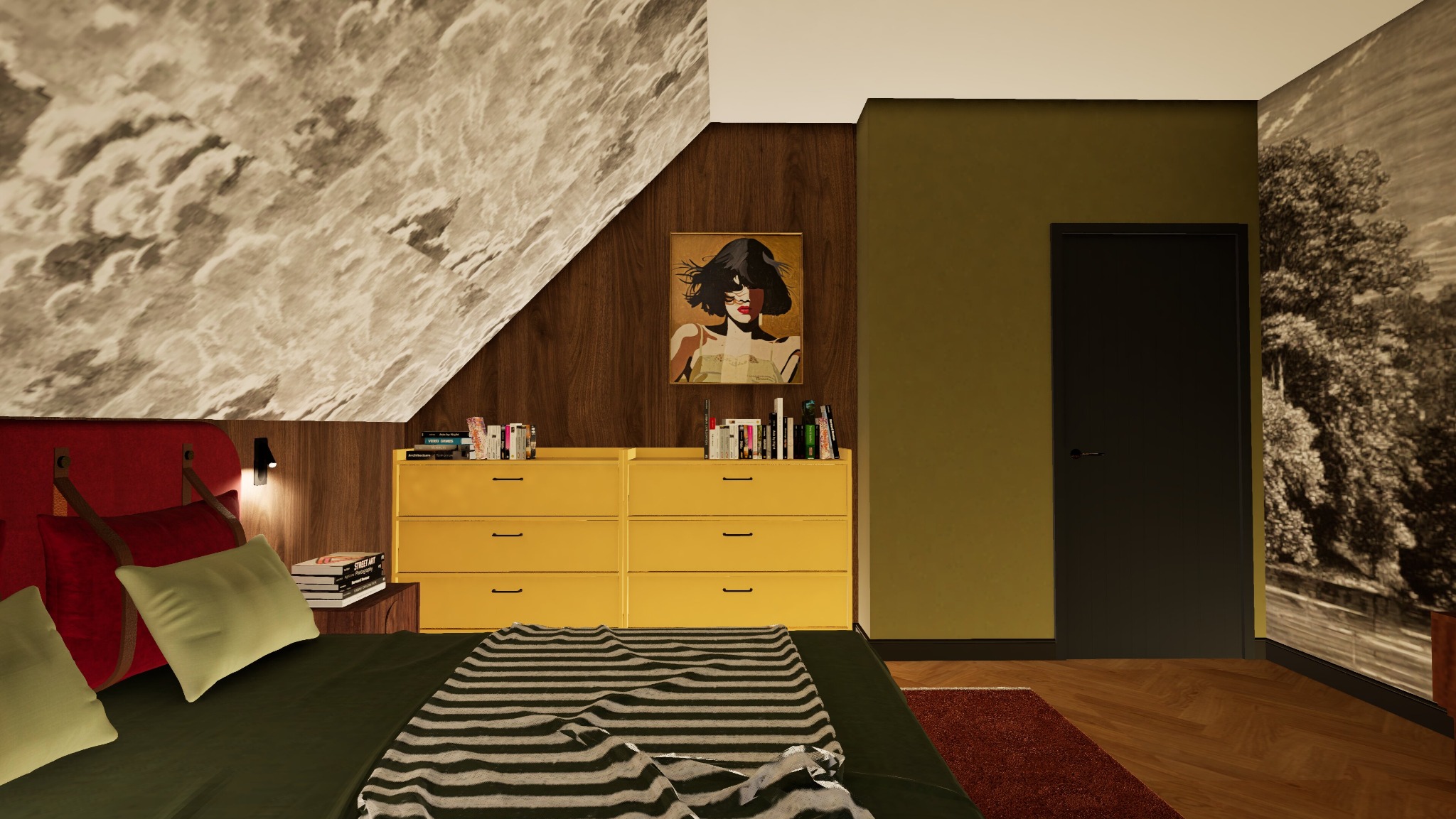 Sypialnia na poddaszu z żółtą komodą, wzorzystą tapetą imitującą marmur i obrazem kobiety w stylu pop-art.