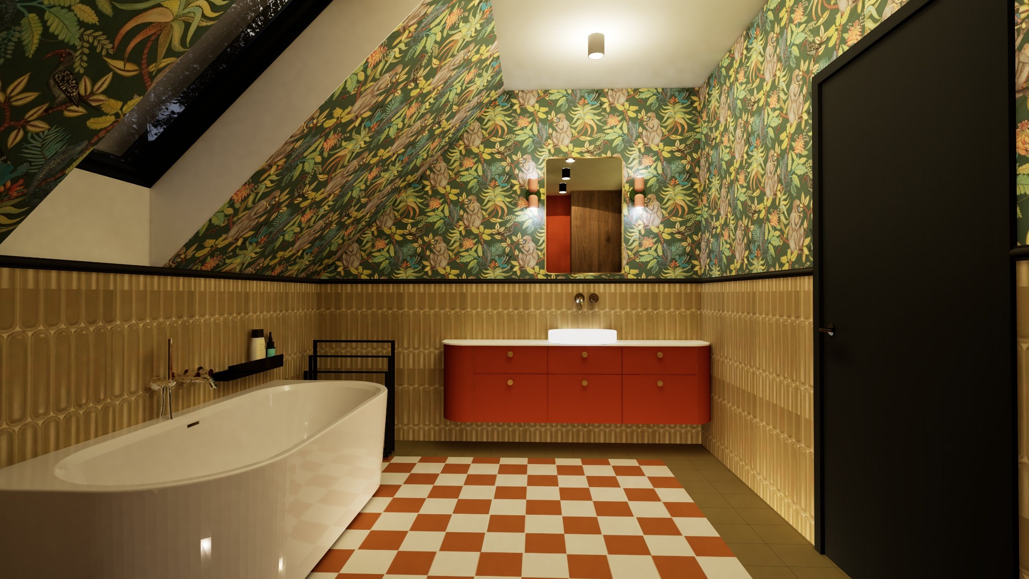 Wnętrze łazienki na poddaszu z tapetą w motywy roślinne i zwierzęce, pomarańczową szafką pod umywalką, białą wanną i podłogą w szachownicę.