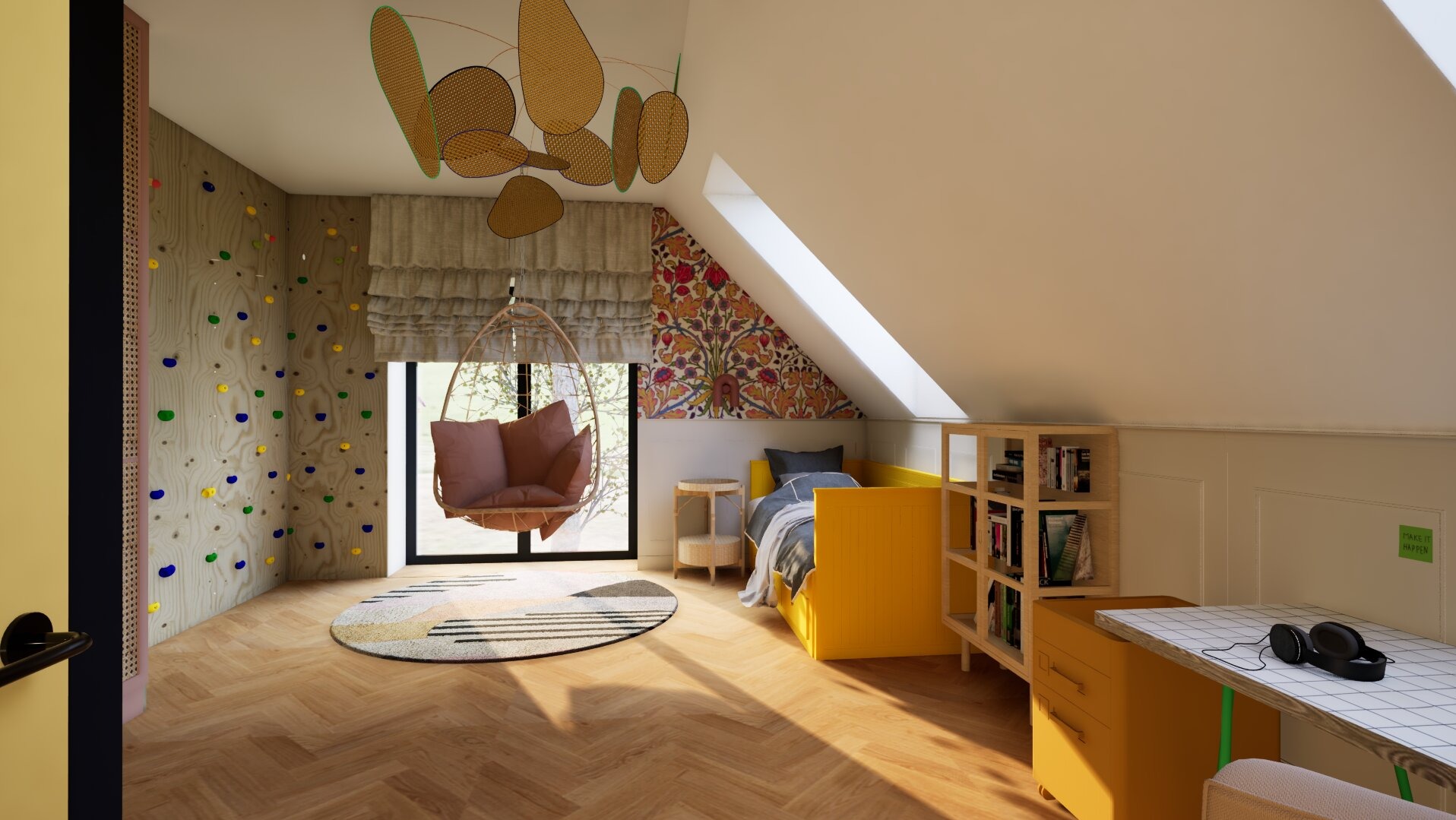 Pokój dziecięcy na poddaszu z ścianką wspinaczkową, huśtawką wiszącą, żółtym łóżkiem i biurkiem z słuchawkami.