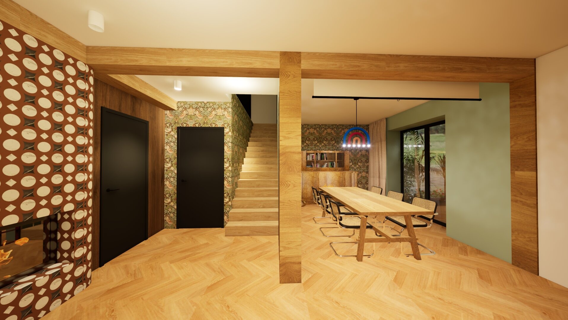 Wnętrze domu z drewnianymi elementami konstrukcyjnymi, parkietem w jodełkę, tapetą w kwiaty i geometryczne wzory, schodami, stołem z krzesłami i lampą w kształcie tęczy.