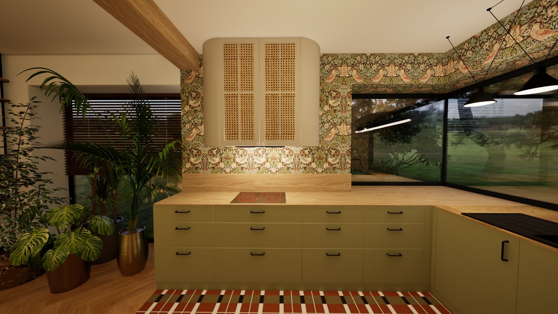 Kuchnia w stylu retro z wzorzystą tapetą w ptaki, drewnianym blatem i zielonymi szafkami, duże okno z widokiem na zieleń, rośliny doniczkowe w pomieszczeniu.