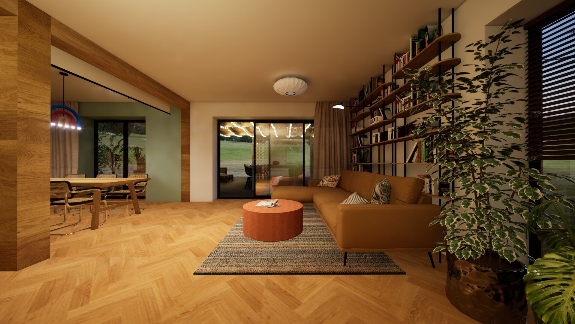 Wizualizacja salonu z dużą biblioteczką, brązową sofą, okrągłym stolikiem kawowym w kolorze pomarańczowym i parkietem w jodełkę. W tle widoczna jadalnia z drewnianym stołem i krzesłami oraz wyjście...