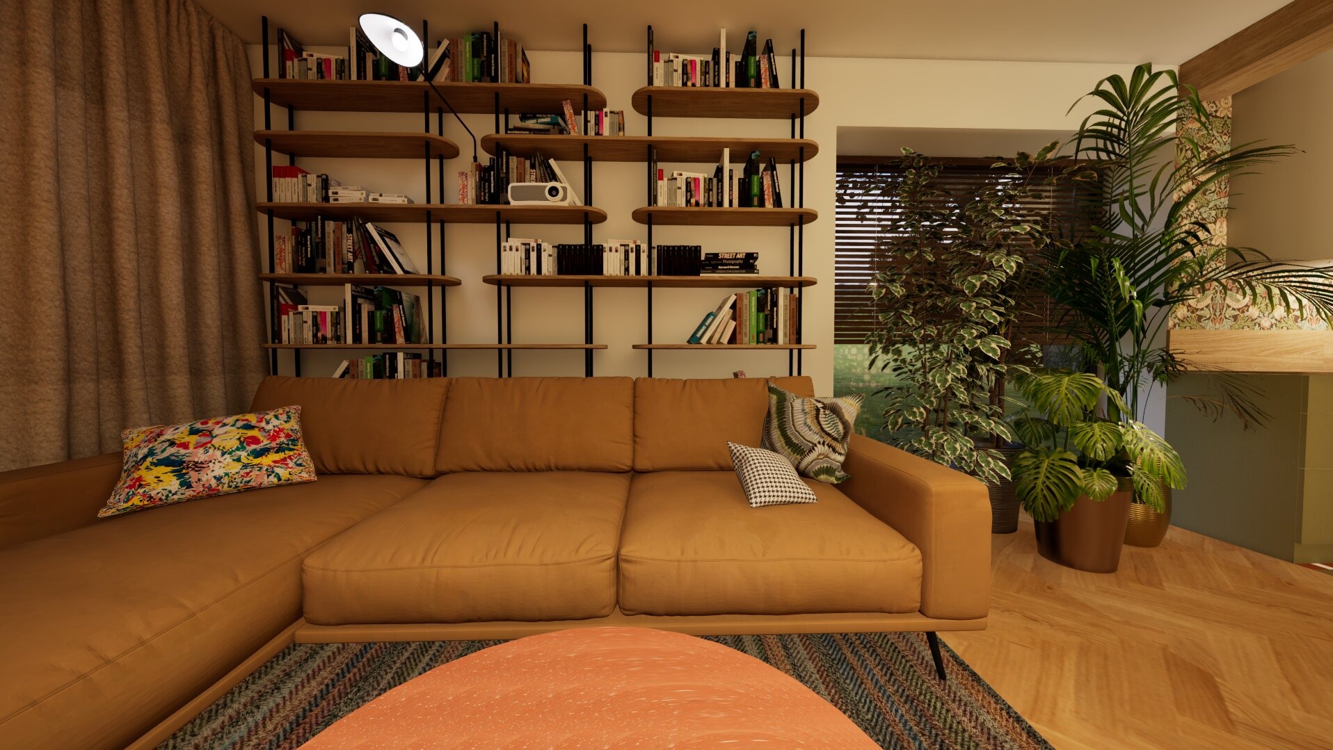 Jasnobrązowa narożna sofa z poduszkami w salonie z drewnianymi półkami pełnymi książek, roślinami doniczkowymi i parkietem w jodełkę.