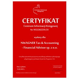 Certyfikat Biura Rachunkowego C.I.K. sp. z o.o.