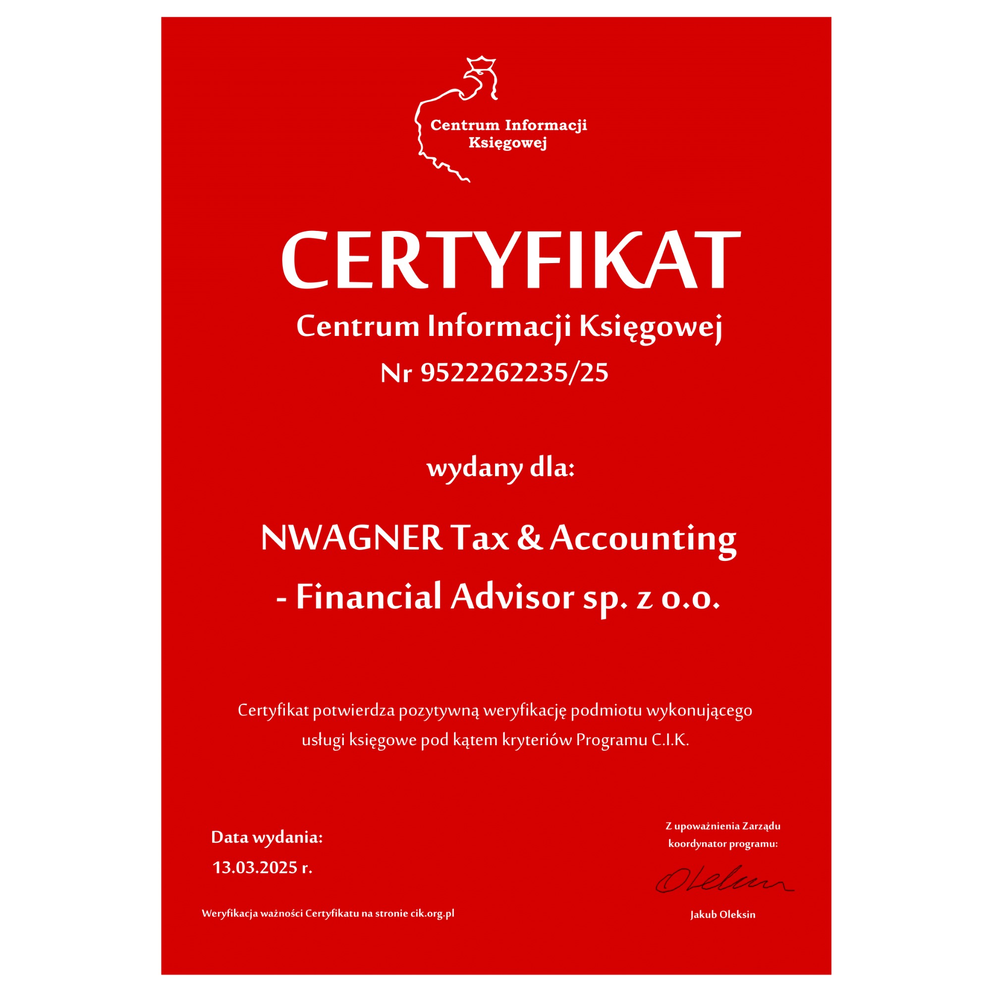 Certyfikat Biura Rachunkowego C.I.K. sp. z o.o.