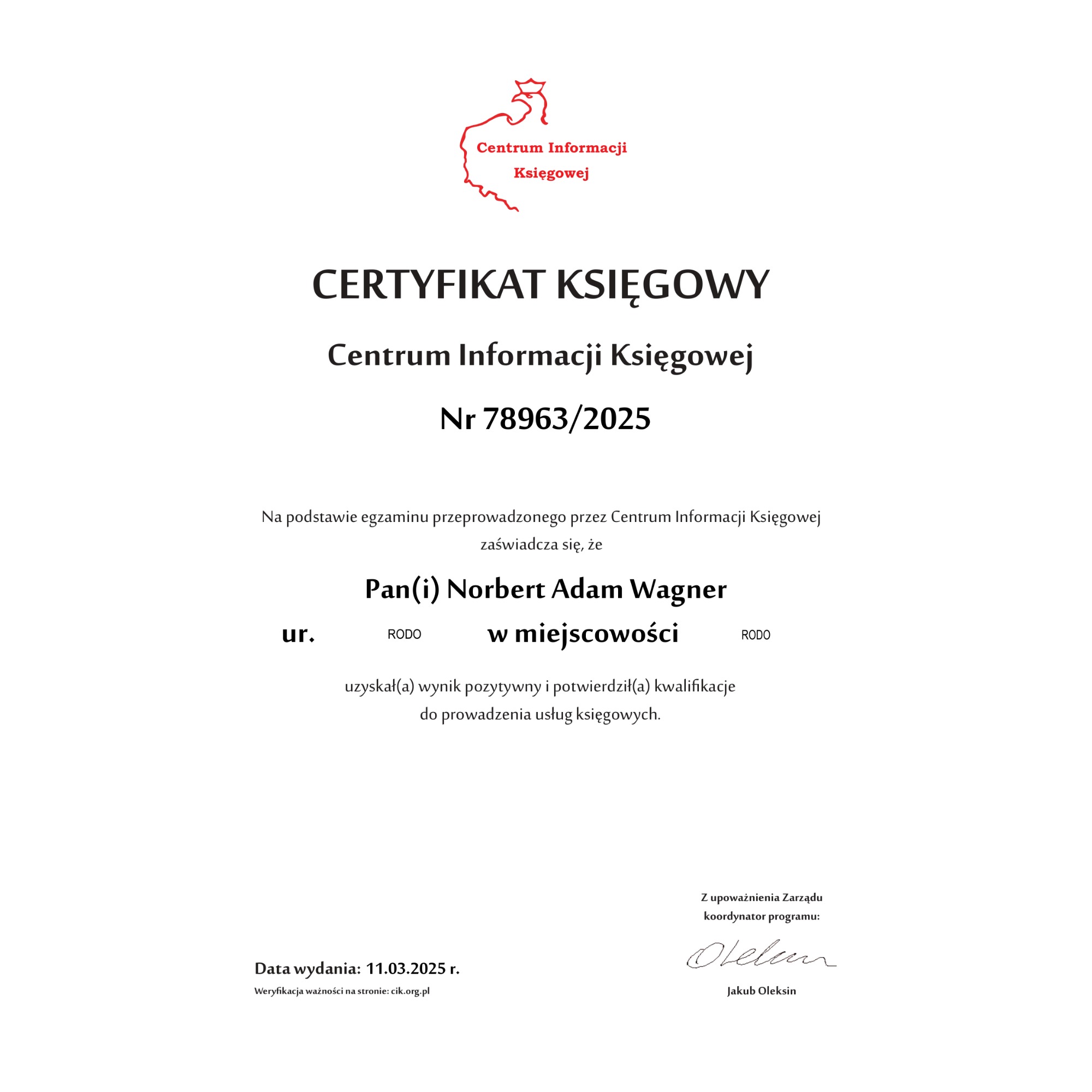 Certyfikat Księgowego