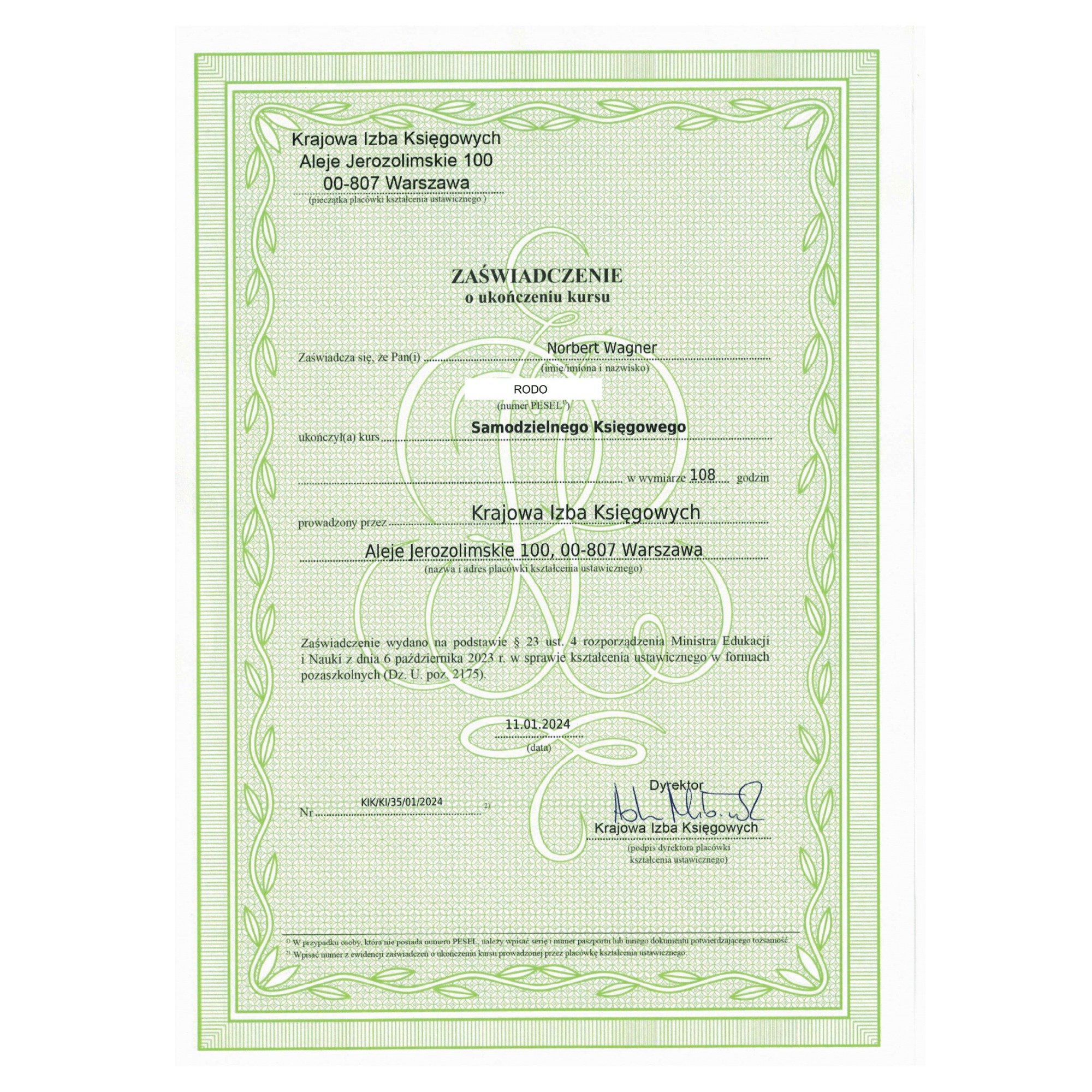 Certyfikat ukończenia kursu 'Samodzielnego Księgowego' z Krajowej Izby Księgowych, wydany Norbertowi Wagnerowi, datowany na 11.01.2024. Zielona ramka z ornamentami.
