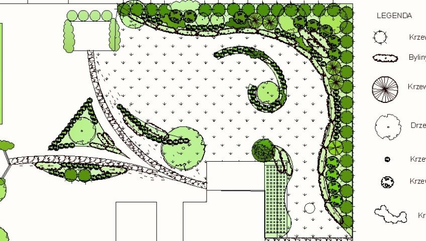 Plan zagospodarowania ogrodu z legendą, prezentujący rozmieszczenie drzew, krzewów i bylin. Widoczne ścieżki i elementy architektoniczne.