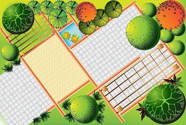 Schemat zagospodarowania terenu z widokiem z góry, prezentujący ścieżki, zieleń i oczko wodne. Grafika w jasnych, pastelowych kolorach.