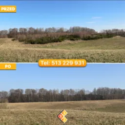 Zdjęcie 'przed i po' prezentujące teren po wycince drzew i krzewów. W górnej części widoczne zarośla, w dolnej oczyszczony teren. Na zdjęciu numer telefonu kontaktowego.