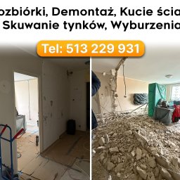 FS INVEST SPÓŁKA Z OGRANICZONĄ ODPOWIEDZIALNOŚCIĄ - Porównanie stanu pokoju przed i po wyburzeniu ściany: widok na przygotowane podłoże oraz gruz i odsłonięte przewody. Numer telefonu kontaktowy na górze.