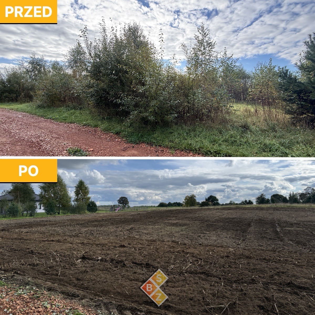 Działka przed i po wycince drzew i krzewów. Górna część zdjęcia ukazuje zarośnięty teren, dolna - oczyszczoną, przygotowaną pod uprawę ziemię. Widok na pochmurne niebo.